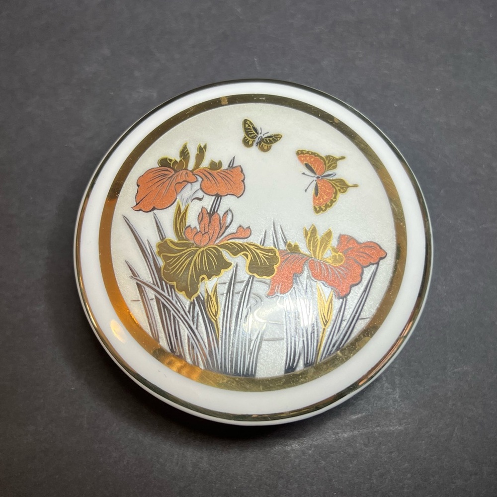 VTG Fine China Porcelain Pink & Gold Butterfly & Floral Irises Round Trinket Box